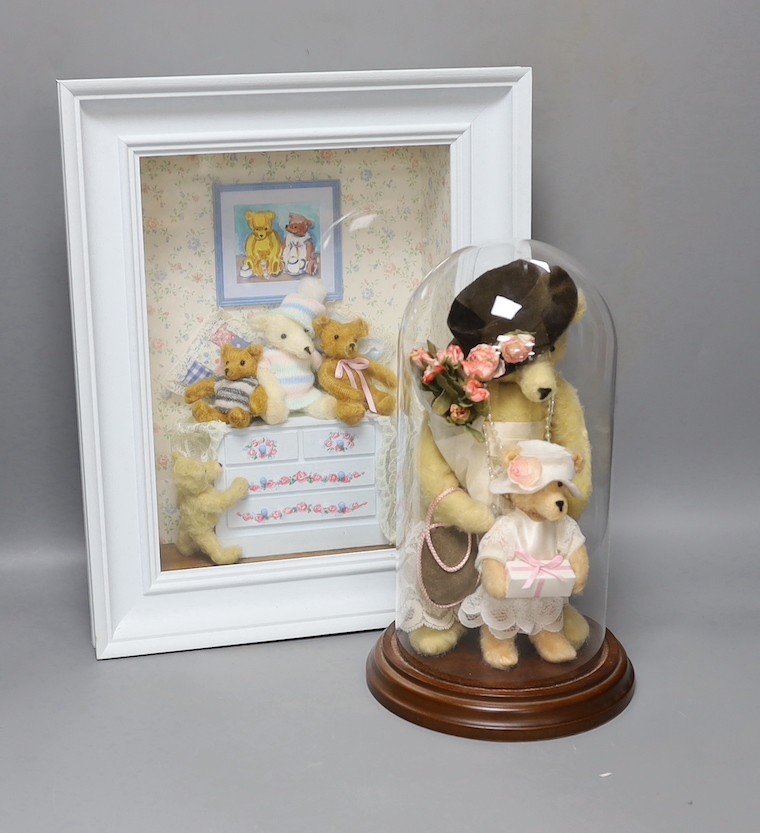 A limited edition deep framed picture by Sylvia Bance and a glass dome with two bears